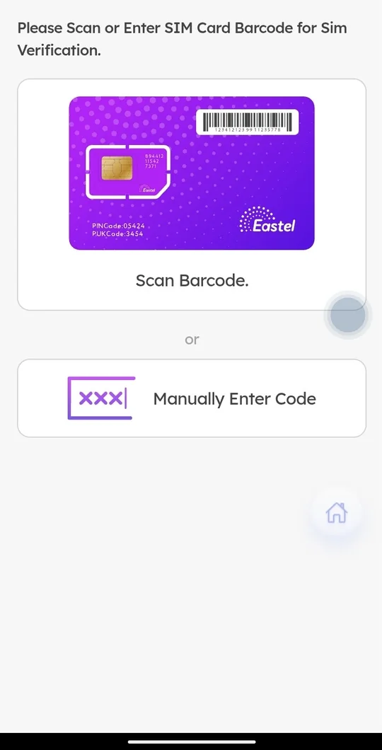 Skrin aplikasi Eastel untuk imbas barcode simkad atau masukkan kod secara manual