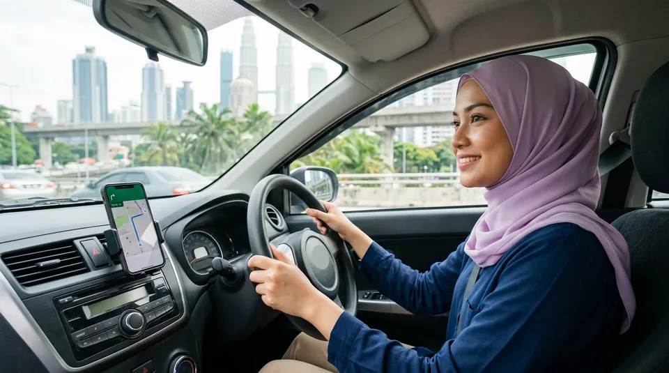 Pemandu e-hailing menggunakan telefon
