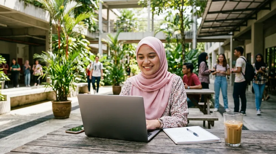 Pelajar universiti menggunakan telefon